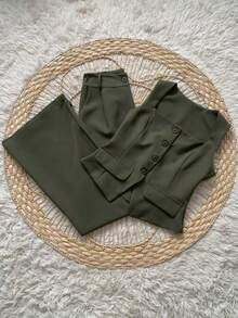 Conjunto Social Calça Pantalona Cintura alta bolsos Alfaiataria Colete Botões  Simples    elegante  Casual    Bolso  Zíper - Verde Escuro - Visão 2