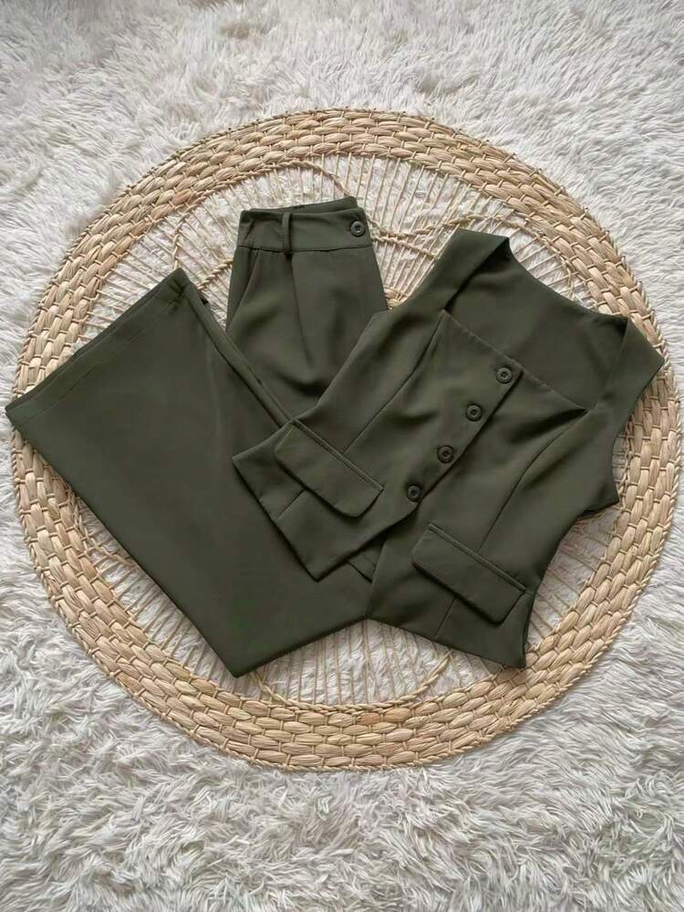 Conjunto Social Calça Pantalona Cintura alta bolsos Alfaiataria Colete Botões  Simples    elegante  Casual    Bolso  Zíper - Verde Escuro - Visão 2
