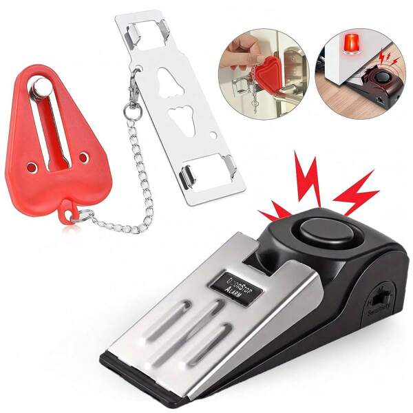 Cerradura portátil para puerta y alarma de tope de puerta y alarma de manija de puerta, dispositivos de seguridad de doble protección, tope de puerta de bolsillo, herramientas de autodefensa para hotel, viaje, hogar, apartamento, casa