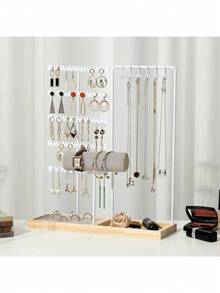 1pc Dual-Door Detachable Jewelry Display Stand, Wooden Base Holder For Earrings, Necklaces, Pendants, Tabletop Organizer, Ideal For Gift Or Business Use Valentine Day Back To School,Holiday Essentials,Jewellery,Storage,Bedroom - Log Base + Single Rod Double Door - View 8