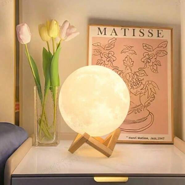 12cm Moon Lamp, Creative Bedside Atmosphere Night Light, Wooden Stand Moon Globe Bedroom Sleep Light, Home Decor LED Night Light, Birthday Gift For Boys & Girls, Available In 8cm/10cm/14cm/15cm, White/Yellow/RGB