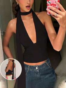 女士纯色年轻、时尚、性感 Y2K 修身短领挂脖上衣 纯色、黑色、粉色、黄色、橄榄绿上衣