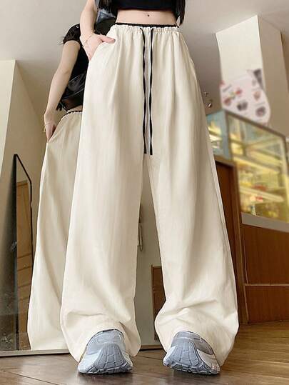 Women's Color Block Crinkle Pants, Relaxed Fit Straight Leg Casual Trousers For Summer