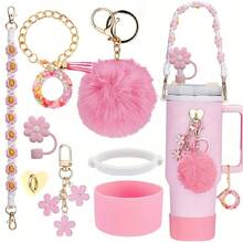 8 件适用于斯坦利杯装饰配件，8-9 毫米吸管盖，硅胶靴 30 40 盎司兼容斯坦利杯，女孩圣诞礼物，DIY 礼物创意装饰，感恩节装饰，朋友礼物装饰，圣诞派对装饰，适用于斯坦利配件，圣诞杯 - 粉紅色26字母 - 查看 23