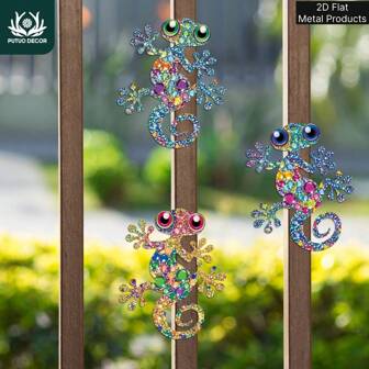 Putuo Decor 3pc Outdoor Decor Gecko Shaped Metal Sign Outdoor Plaque Decoration, Outdoor Wall Art Decor Home Decor And Accessories, Garden Wall Art Decor For Outside For Yard Backyard, Gift