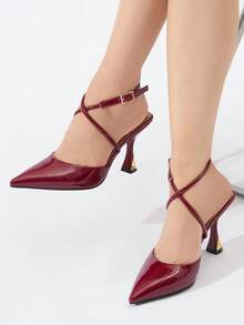 Women's Solid Color Pointed Toe Closed-Toe Metallic Buckle Decor High Heel Shoes, Slip-On, Comfortable For Daily Wear, Commuting, Formal Occasions, Autumn/Winter, PU Leather Wine Red Work Shoes - Burgundy - View 3