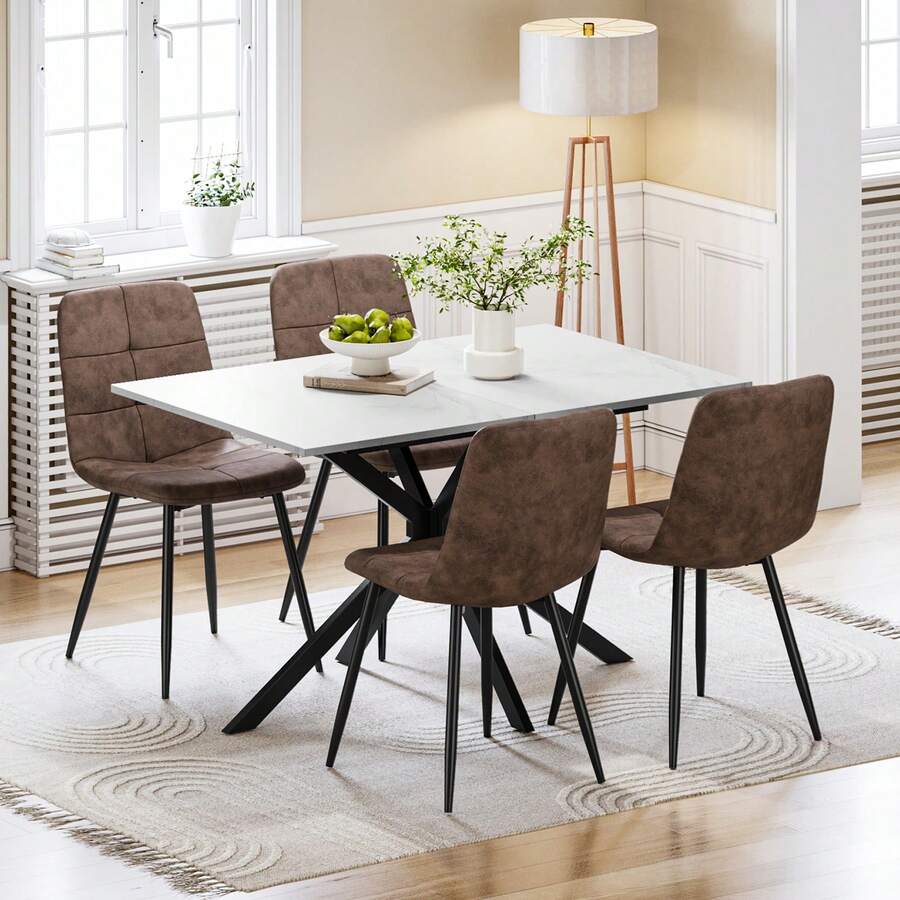 Extendable Dining Table And Chairs Set 4, 120-160cm Marble Effect Table With 4 Brown Upholstered PU Leather Chairs For Dining Room, Kitchen - Marble Dining Table + 4 PU Brown Dining Chairs - View 1