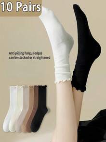 10 双女士褶边中筒袜，薄款夏季袜子，黑白，秋季长袜，乐福鞋，时尚。 - 黑色 - 查看 2