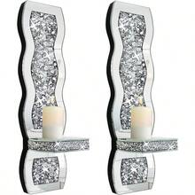 Crystal Crush Diamond Candle Holder Set Of 2 Wavy Silver Mirrored Wall Candle Sconces Wall Decorations For Living Room Dining Room Bedroom - Silver(Style1) - View 2