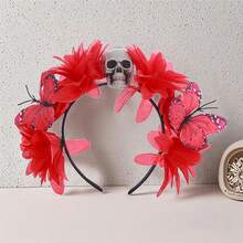 Diadema de Halloween para mujer con calaveras, flores y mariposas, aro para el pelo para fiestas, disfraces, accesorios para fotos. - Rojo - Ver 4
