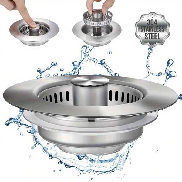 3-In-1 Stainless Steel Kitchen Sink Drain Strainer, Stopper & Odor Filter - Fit For US Standard 1/2 Inch Drains, Anti-Clogging Design With Multiple Compartments For Efficient Drainage, Kitchen Sink Accessory | Modern Sink Design | Highquality Steel