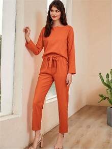 女式休闲长袖上衣和口袋裤套装