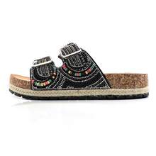 Womens Slides With Cork Footbed Open Toe Adjustable Webbing Flat Sandals For Walking | Beach | Indoor POWDER-03 - 黑色 - 查看 8