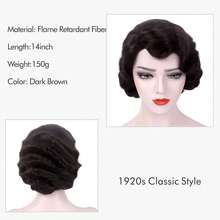 HairJoy 耐热粘胶合成波浪指波假发，1920 年代复古爵士女郎风格，摇滚风短卷发，电影主题玫瑰网帽，适合角色扮演服装 - 彩色 - 查看 7
