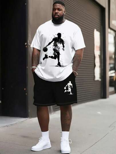 Basketball Graphic Print Plus Size Men's Short Sleeve Shorts Set, Fashionable Black & White Drawstring Shorts Set, Summer Sports Casual Outfit, 100% Polyester Shorts & Tee 2-Piece Set