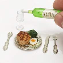 7/9pcs Dollhouse Romantic Dinnerware Set, Metal Delicate Plates With Miniature Food, Miniature Steak! Miniature Red Wine, Christmas/Halloween Decor!