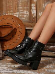 欧美简约时尚秋冬新款西部高跟短靴金属腰带水钻扣装饰粗跟厚底靴子靴子