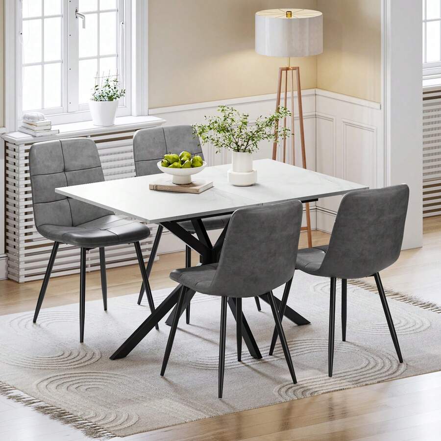 Extendable Dining Table And Chairs Set 4, 120-160cm Marble Effect Table With 4 Grey Upholstered PU Leather Chairs For Dining Room, Kitchen - Marble Dining Table + 4 PU Grey Chairs - View 1