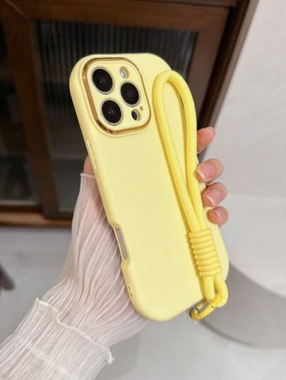 1قطعة علبة هاتف أحادية اللون +1قطعة سوار للمعصم، إطار عدسة مطلي كهربائياً مطابق لطلاء علبة الهاتف، سهل الحمل للهاتف ، متوافق مع أيفون 11، 12، 13، 14، 15، 16 برو ماكس ، 7 بلس/8 بلس ، X/XR/XS ماكس