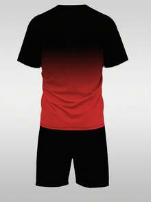 Men's Gradient Letter Print Short Sleeve Crew Neck T-Shirt And Drawstring Shorts Set, Comfortable Casual Outfit, 100% Polyester, Lightweight And Breathable Fabric - 灰色 - 查看 8