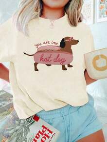 Hot Dog Sausage Dog Printed Kids T-Shirt Round Neck Casual Short Sleeve Print Tops For Girls And Toddlers In Summer - Cute Dog, Heart Shaped Sunglasses, Artistic Dog Style T-Shirt Inspires Imagination And Self-Expression! Kids Clothes Summer Graphic T-Shirts For Girls Teen Girl Clothes - 米色 - 查看 2
