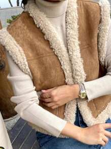 女士休闲羊毛布背心羊毛保暖无袖夹克短款春秋季上衣