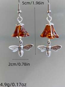 2pcs Stylish Bee Rhombus Design Metal Golden Color Pendant Earrings For Women, Suitable For Garden Party, Outings, Daily Wear