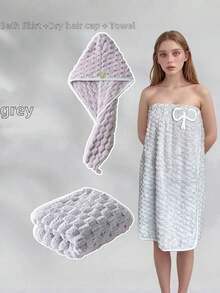 1 Áo choàng tắm móc và vòng bằng vải nỉ san hô & 1 Mũ tắm bằng vải nỉ san hô cho phòng tắm khi trở lại trường - Nhiều màu - Xem 3