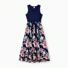 PatPat Family Matching Blue Cotton Tee And Flora Splicing Tank Top Dress Sets - 深藍色 Dark Blue - 查看 4