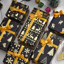 6pcs/Pack Metallic Gold Christmas Wrapping Paper, Vintage Foil Printing High-End Black Gold Christmas Tree & Deer Pattern Gift Box Decoration Paper