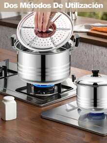 10 Piezas Batería de Cocina Juego de Ollas de Acero Inoxidable con Antiadherente Vaporera para Cocina, – Resistencia y Estilo para tu Cocina ﻿ - Plateado - Ver 2