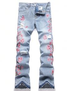 Men's Embroidered Distressed Flared Leg Jeans - Light Wash - View 1