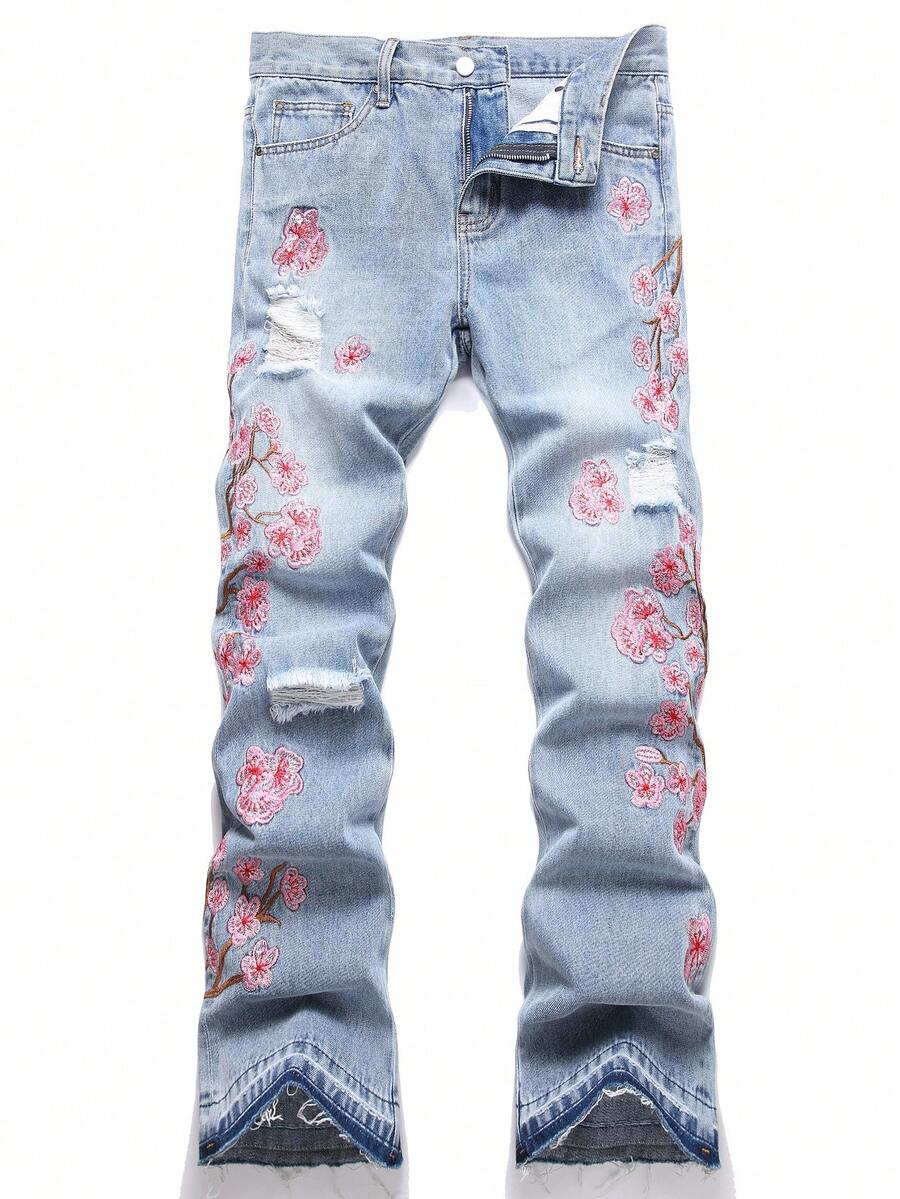 Men's Embroidered Distressed Flared Leg Jeans - Light Wash - View 1