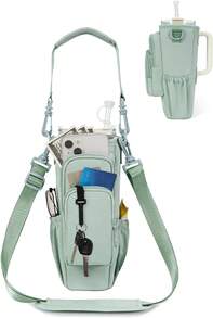 Water Bottle Carrier Bag With Phone Pocket For 30oz 40oz Tumbler With Handle Accessories Insulated Water Bottle Holder Pouch With Strap Water Bottle Sling Bag Crossbody With Straw Cover - 軍綠色 - 查看 1