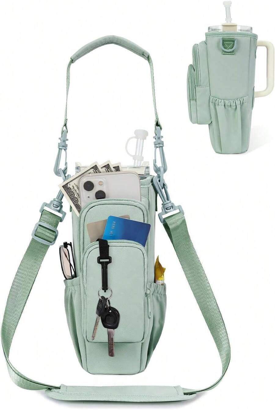Water Bottle Carrier Bag With Phone Pocket For 30oz 40oz Tumbler With Handle Accessories Insulated Water Bottle Holder Pouch With Strap Water Bottle Sling Bag Crossbody With Straw Cover - 軍綠色 - 查看 1
