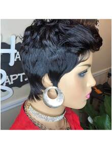 无胶短鲍勃精灵短发假发 - 真人发玫瑰网帽自然黑色，短发假发真人发精灵短发假发适合女性，无胶短鲍勃带刘海，万圣节，化装舞会全机器制造，玫瑰帽，中性风格适合作为女性礼物真人发精灵短发假发适合，中性风格适合个体适合所有种族，女士精灵短发假发