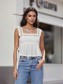 Women Babydoll Tank Tops Patchwork Lace Side Tie-Up Sleeveless Backless Ruffle Shirts Causal Summer Streetwear - White - View 5