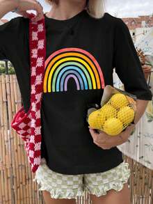 IXOEIS Women's T-Shirt Tops For All Seasons, Cute Graphic Tops, Casual And Comfortable Tops T-Shirts For Women, Pride Month Tops, Graphic Rainbow Heart Tops. Heart Graphic Tops For Casual Holiday Date - Black - View 2