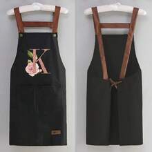 1 件套家用厨房围裙 - 可调节肩带设计，大前口袋成人男女烹饪耐用围裙，四季创意字母 A-Z 印花围裙轻薄围裙餐厅店服务员工作制服 - 黑色 - 查看 19