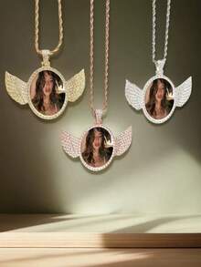 Personalized Rhinestone Studded Angel Wings Photo Necklace |   Custom Photo Necklace |   Hip Hop Photo Pendant | Iced Custom Round Photo Pendant,Gold,Silver,Stylish,Colorful,Vintage,Unisex,Hipster,Simple,Casual,Custom,Personalized,Unique,Ideal Gifts For Him,Ideal Gifts For Her,Her,Boyfriend,Girlfriend,Dad,Mom,Family,Friends,For Anniversaries,For Birthdays,For Graduation,For Prom,For Party,Jewelry Women,Elegant Outfit,Delicate Romance,Silver Stylish - 彩色 - 查看 4
