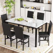 Recaceik Dinner Table Set For 6,Faux Marble Dining Room Table Set,7 Piece Dining Table Set For 6 With PU Leather For Kitchen And Dining (White & Black) - Black - View 3