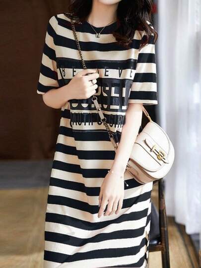 Vestido de las mujeres verano suelto rayas finas impreso vestido camiseta de longitud media vestido de manga corta marea