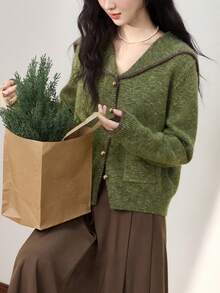 女式复古风格撞色饰边水手领针织开衫，秋冬 - 藻綠 - 查看 5