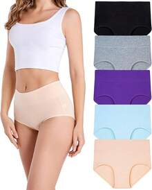 Women's Cotton High Waist Tummy Control Panties Jacquard Ladies Panty Multipack - Comfort - 三角褲 02 - 5 條裝 - 多種顏色 - 查看 1