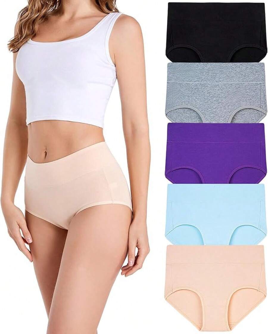 Women's Cotton High Waist Tummy Control Panties Jacquard Ladies Panty Multipack - Comfort - 三角褲 02 - 5 條裝 - 多種顏色 - 查看 1