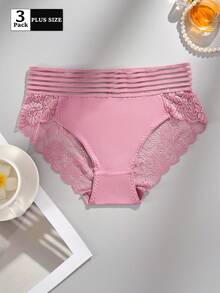 FOVTY 3 pezzi/set, mutande da donna taglie forti in tinta unita con dettagli in pizzo, elasticizzate - Multicolore - Visualizzare 3