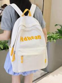 1pc White Nylon Casual Collegiate Style Letter Print Large Capacity Foldable Quilted Multi-Pocket Zipper Backpack, Suitable For Daily School, Training, Women's Commute, Outing, Shopping, Travel, Vacation, Gifts For Back To School And Graduation Season