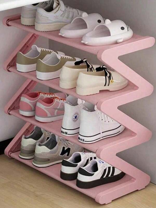 1pc The Pink, White And Black Four-Layer Large Z-Shaped Shoe Rack Can Be Easily Assembled Without Tools. It Is A Stackable Storage Organizer Suitable For Homes, Dormitories And Living Rooms. It Features A Space-Saving Floor Design And Is A Shoe Storage Organizer.