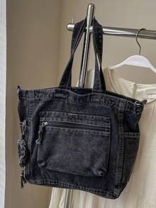 תיק אופנה חדש וקז'ואל מבד ג'ינס רך מכוסה עם כיסים מרובים (עם ארנק למטבעות), תיק נסיעות גדול בצבע אחיד, תיק מזוודות, תיק כתף רב-תכליתי לנסיעות, תיק ספורט לחדר כושר, תיק שליח רטרו לסטודנטים, מתאים לעבודה, קניות, נסיעות, ספורט ושימוש בית ספר - שחור - ראה 10