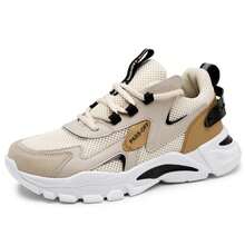 Men's Spring Breathable Mesh Hollow Casual Sports Sneakers, Thick Sole Lightweight Elevator Walking Shoes - Beige - View 4